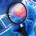 medical background with magnifying glass examining brain