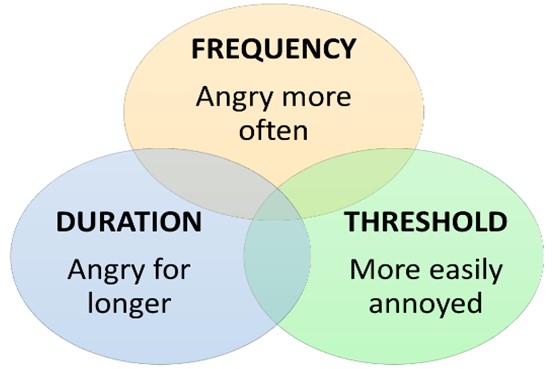 Venn diagram showing three overlapping circles for frequency (angry more often), duration (angry for longer), and threshold (more easily annoyed).