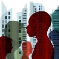Illustration of silhouettes against a cityscape background
