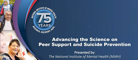 Banner for an event titled 'Advancing the Science on Peer Support and Suicide Prevention,' celebrating 75 years of research and discovery, presented by the National Institute of Mental Health (NIMH). The banner features a navy blue background with a swooping magenta curve. On the left, there are joyful images of diverse individuals, suggesting a community focus. The NIMH logo is visible in the upper left corner.
